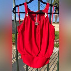 New White House Black Market Red Dress Blouse w/ Gold tone neck accents.